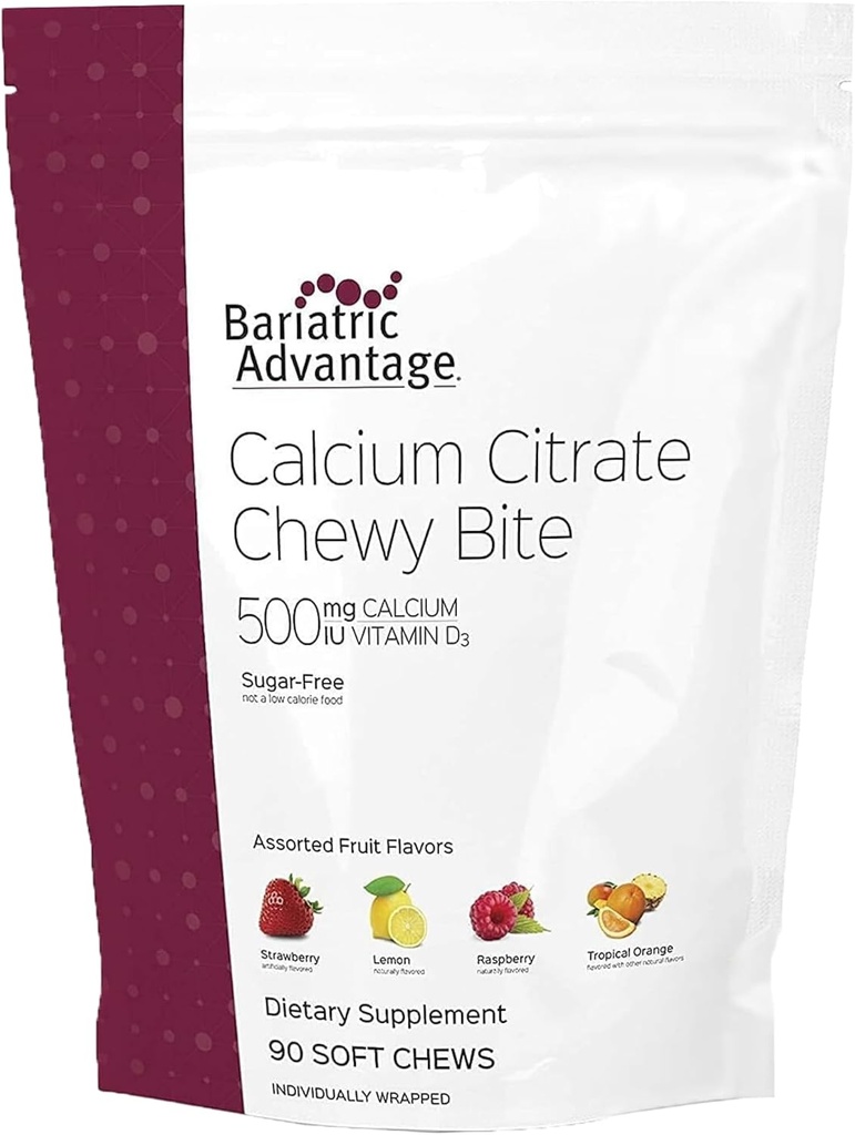 Bariatric Advantage Calcium Citrate Chewy Bites 500 mg - Højt Absorberbare & Digestible - Vitamin D3 - Nemt Chewable Calcium supplement - Assorterede frugter - 90 Tæl