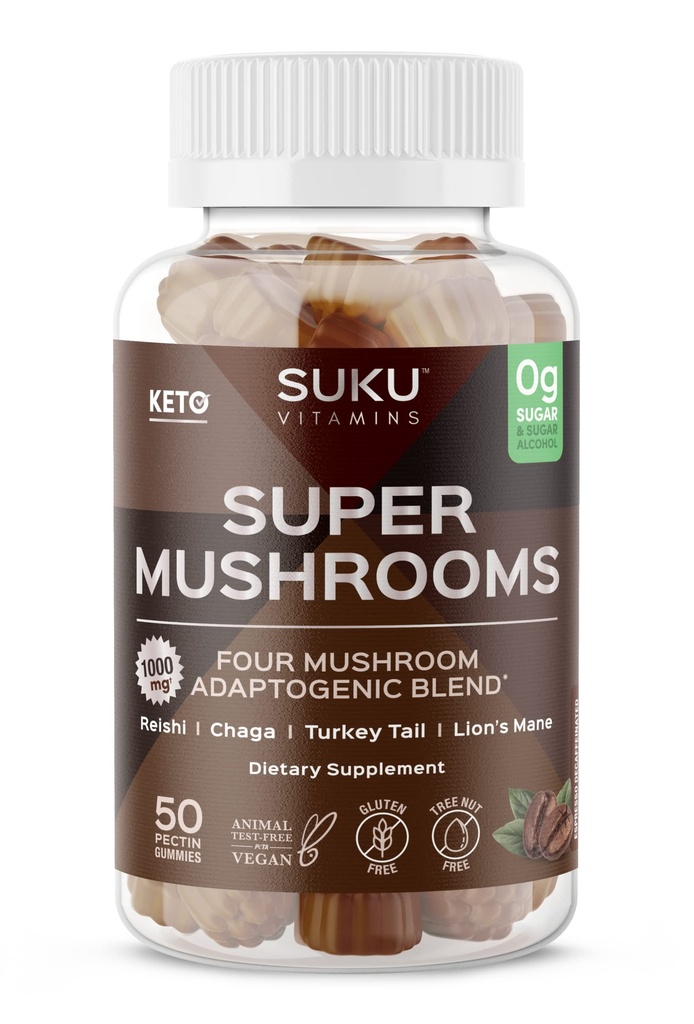 SUKU Vitaminer - Super Mushroom -Reishi Chaga, Tyrkiet Tail & Lions Mane Blend Gummies for Immunity - Let at tygge - Non GMO, Gluten Sugar Free - Espresso Decaffed Flavored Gummy Vitaminer, 50 Greve