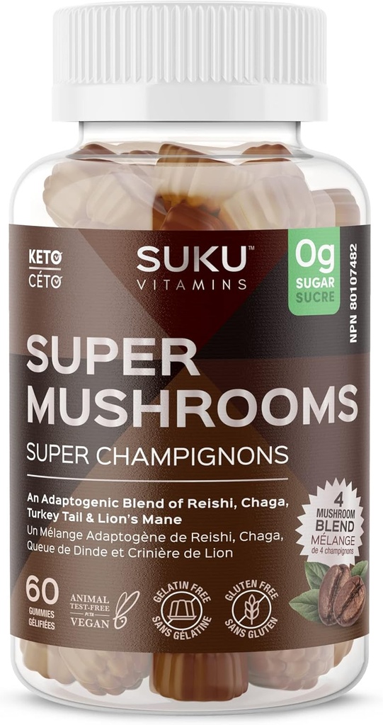 SUKU Vitamins - Super Mushroom -Reishi Chaga, Turkey Tail & Lions Mane Blend Gummies for Immunity - Easy to Chew - Non GMO, Gluten Sugar Free - Espresso Decaffeinated Flavored Gummy Vitamins, 50 Count