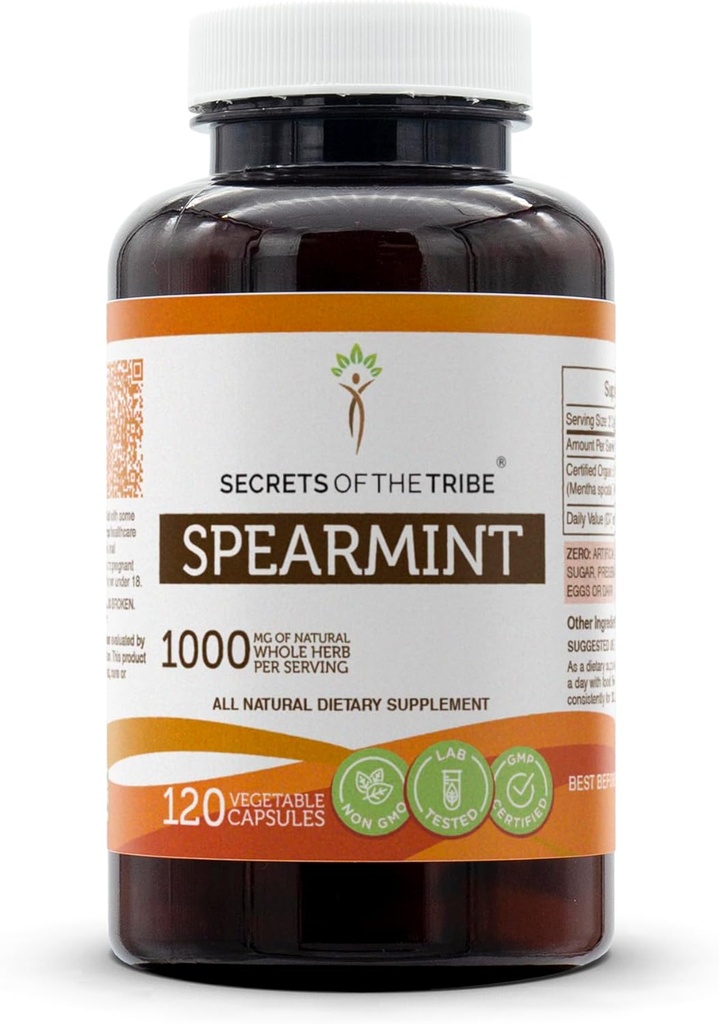 Secrets of the Tribe Spearmint Capsules 1000 mg Spearmint (Mentha spicata) Tørret Leaf, Women 's Hormone Support Supplement (120 Kapsler)