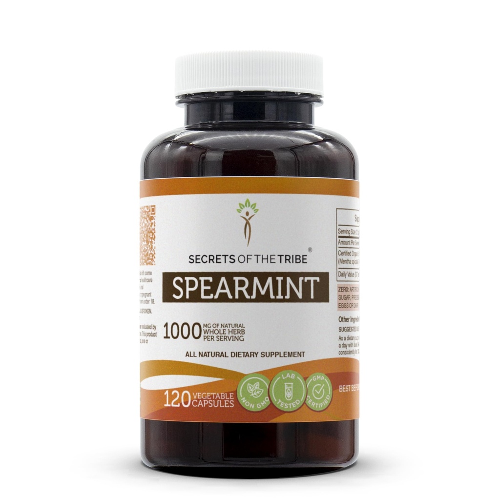 Secrets of the Tribe Spearmint Capsules 1000 mg Spearmint (Mentha spicata) Tørret Leaf, Women 's Hormone Support Supplement (120 Kapsler)