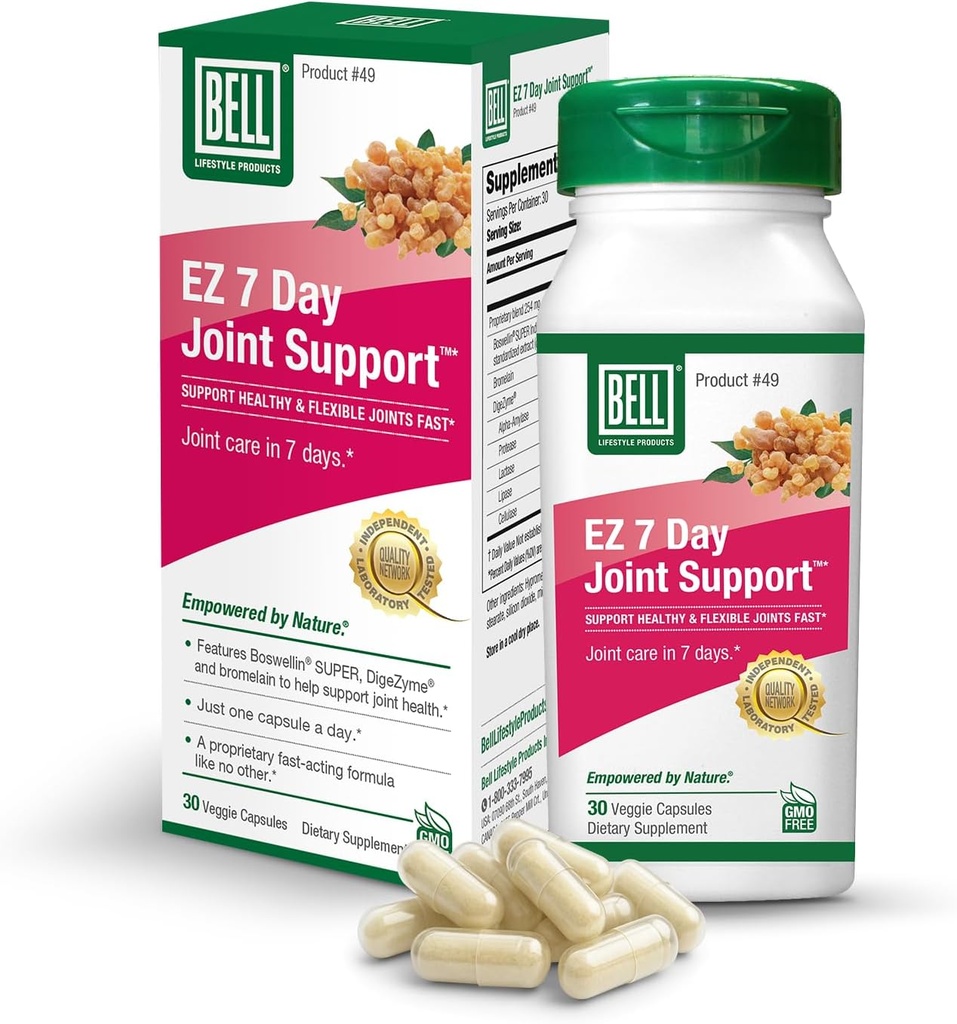 Bell EZ 7 Day Joint Support ™ -Fast- Action- Action- Once- Daily Joint Health Supplement - Hjælper Relieve Knee Pain, Hævelse & Understøtter Muscle Recovery - Vegan - 30 kapsler