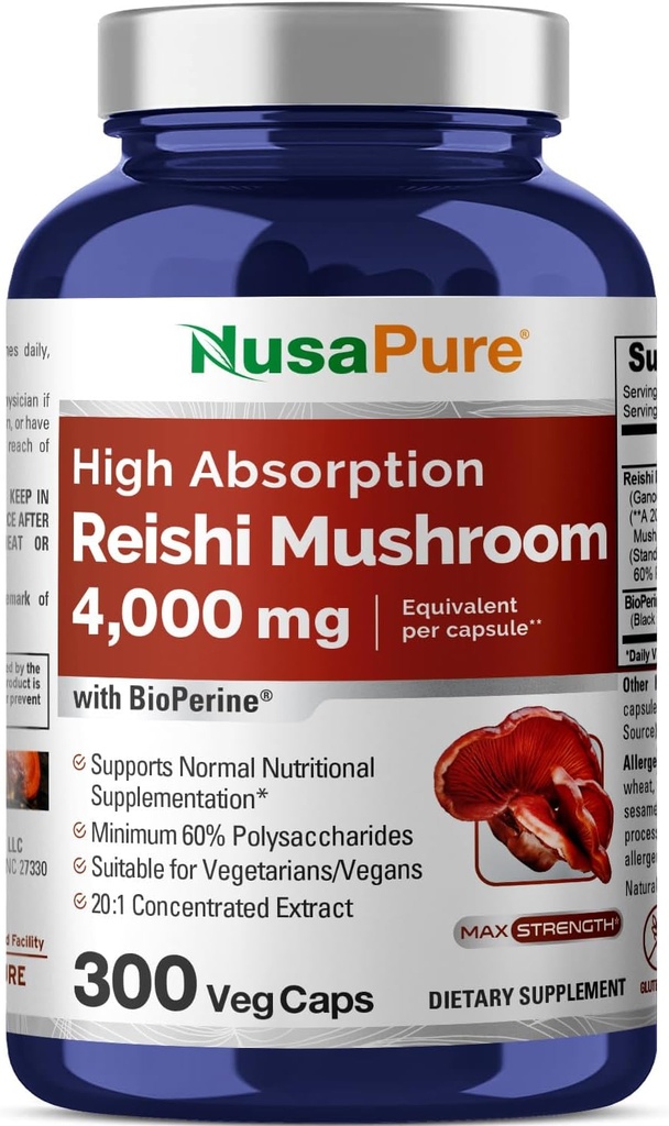 NusaPure Reishi Mushroom Extract 20: 1 Extract, 200 mg Ækvivalent med 400mg per kapsel 300 Veggie Caps Vegan, Non- GMO, Vegan