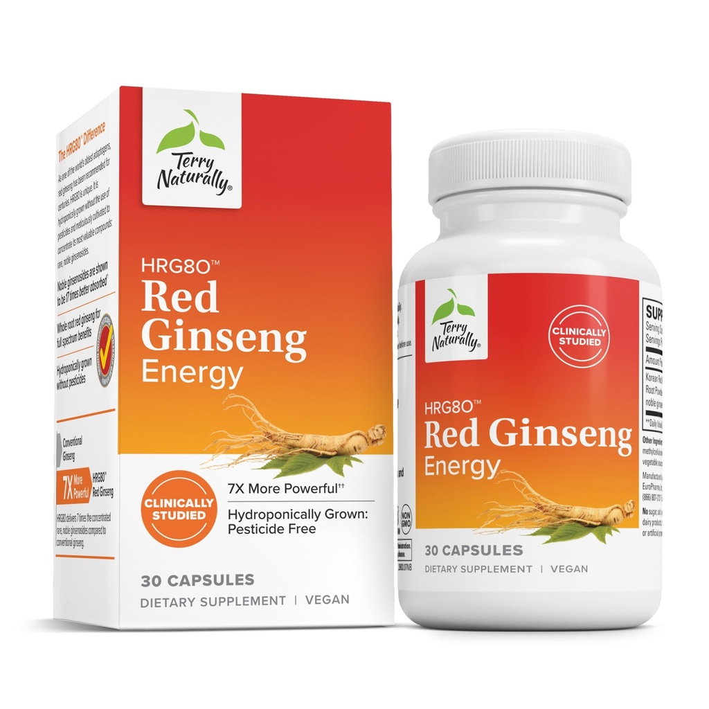 Terry naturligt HRG80 Red Ginseng Energy - supplement til støtte sund energi & fokus - urtetilskud med koreanske røde Ginseng Root Powder - Veganske tabletter til støtte sund holdbarhed - 30 kapsler
