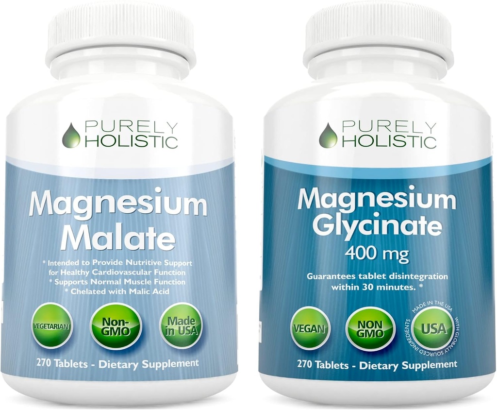 Magnesium Malat 400mg + Magnesiumglycinat 400mg - Høj Absorption & Højt biotilgængelig Bundle - 270 + 270 Vegetariske tabletter