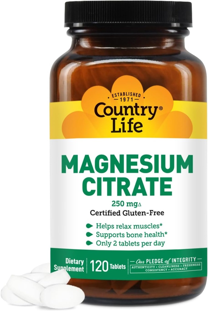 Country Life Magnesium Citrate 250 mg - 120 tabletter - Understøtter muskel & nerve funktion, hjerte Rhythm, sundt immunsystem, energiproduktion - Magnesium Complex supplement
