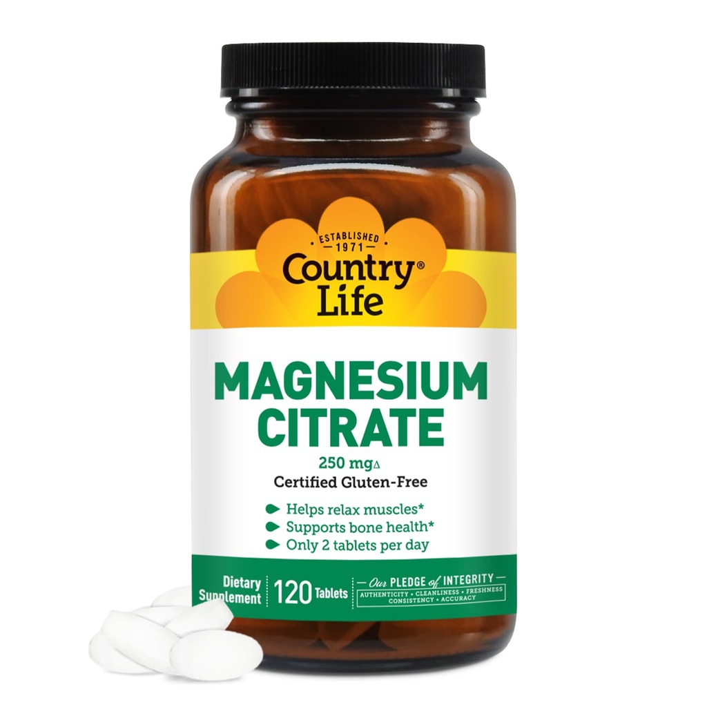 Country Life Magnesium Citrate 250 mg - 120 tabletter - Understøtter muskel & nerve funktion, hjerte Rhythm, sundt immunsystem, energiproduktion - Magnesium Complex supplement