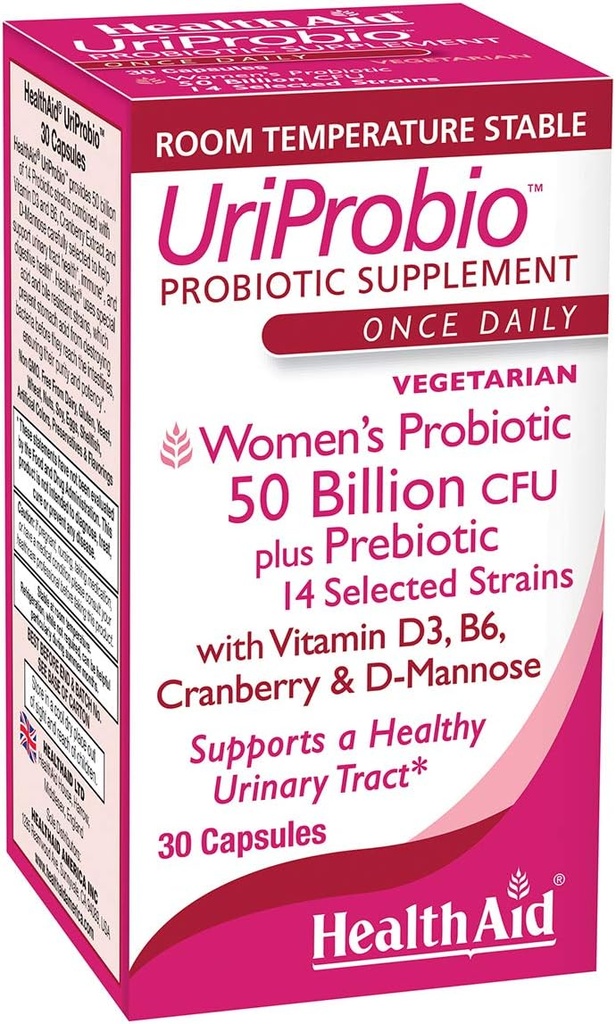 HealthAid UriProbio - 50 Millioner CFU Kvinder Probiotiske med Prebiotic, Cranberry, D- Mannose, D-vitamin i & B; understøtter urinveje & fordøjelsesbesvær, syre & bile resistent, Vegan