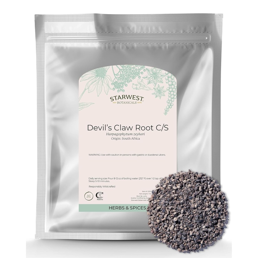 Starwest Botanicals Devil 's Claw Root - Tørret urt til te & naturlige urteblandinger, Pure Devil' s Claw Root, Cut & Sigted, Wildcrafted, Certified Kosher - Bulk 1 LB Bag