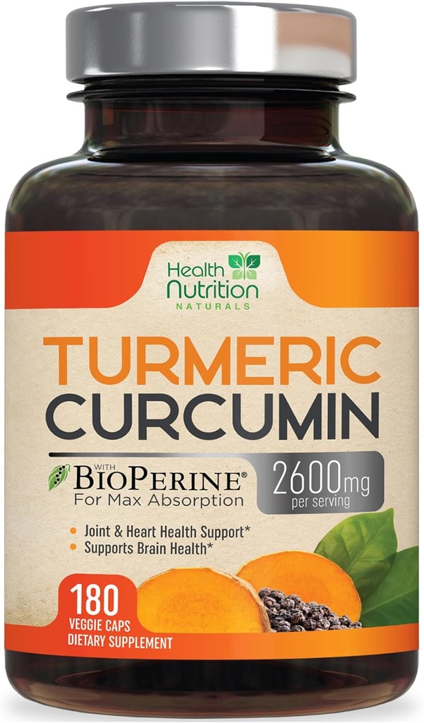 Gurkemeje Supplement 2600mg - 95% Curcuminoider med økologisk gurkemeje & BioPerine Black Pepper til bedste absorption, Nature 's Vegan fælles støtte, Non- GMO Tumerisk, Flasket i USA - 180 kapsler