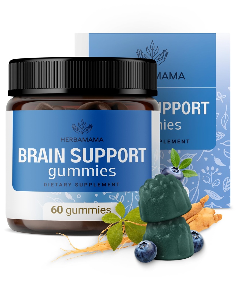 HERBAMAMA Brain Support Gummies - Brain Focus Kosttilskud til voksne med Ashwagandha, Bacopa Monnieri, C-vitamin & B12 - Vegan, Non- GMO Calming Gummies - 60 Pectin- baserede Blueberry- smag tyggegummi