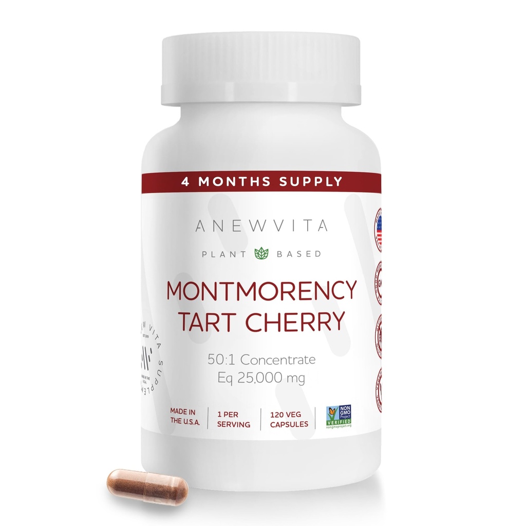 Montmorency Tart Cherry, Non GMO, Capsules - CherryPure 50: 1 Koncentrat eq. 25.000 mg - Antioxidanter & Flavonoider, Tart Cherry Extract for Guut & Muscles - 120 Veggie Capsules - 4 Måned Supply