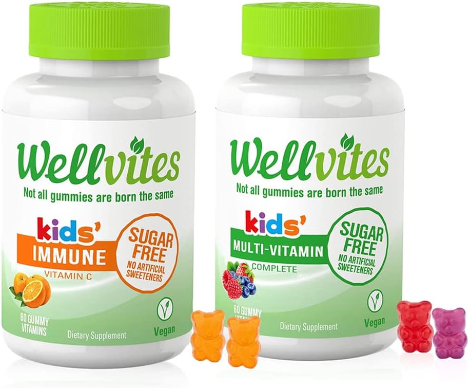 Wellvites Kids Multivitamin & immunforsvar Daglig Gummies Bundle - Sukker fri, Vegansk, Ikke-GMO - Vitaminer til børn - C-vitamin til børn immunstøtte - Ingen kunstige sødestoffer - 60 Greve