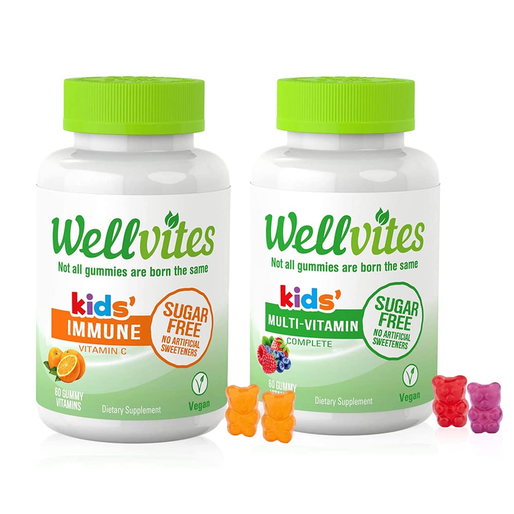 Wellvites Kids Multivitamin & immunforsvar Daglig Gummies Bundle - Sukker fri, Vegansk, Ikke-GMO - Vitaminer til børn - C-vitamin til børn immunstøtte - Ingen kunstige sødestoffer - 60 Greve