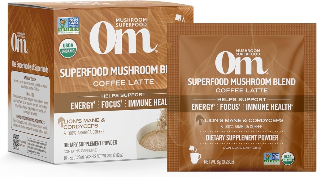 Om Mushroom Superfood Coffee Latte Blend Mushroom Powder, Single Serve, 10 Greve, Lions Mane, Cordyceps, Reishi, Chaga, Energi & Mental Clarity Support
