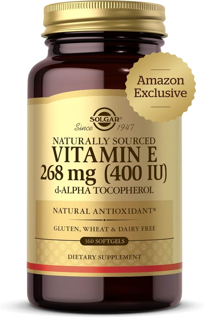 Solgar Vitamin E 268 mg (400 IE), 360 Alpha Softgels - Natural Antioxidant, Skin & Immunsystem Support - Naturligt - Sourced Vitamin E - Gluten Free, Dairy Free - 360 Servere