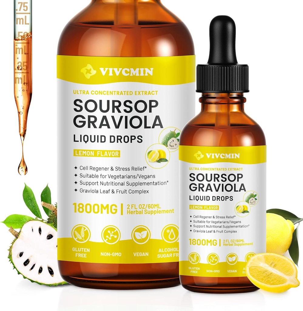Graviola Soursop Leaf Extract Liquid - Soursop Bitters Liquid, Support Immunation, Slap af, lever og søvn, Sukker & Alkohol- Gratis, Højt Absorberet Formel, Lemon Flavor, 2 Fl Oz