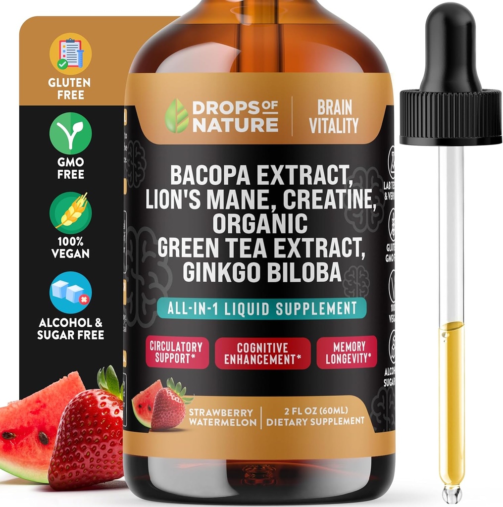 Creatin & Bacopa Liquid Drops med Lions Mane, Green Tea & Ginkgo Biloba - Hurtigere Absorbing Blend end Gummies & Pills - Vegansk supplement til forbedret fokus og kognition (Strawberry Watermelon, 60ml)