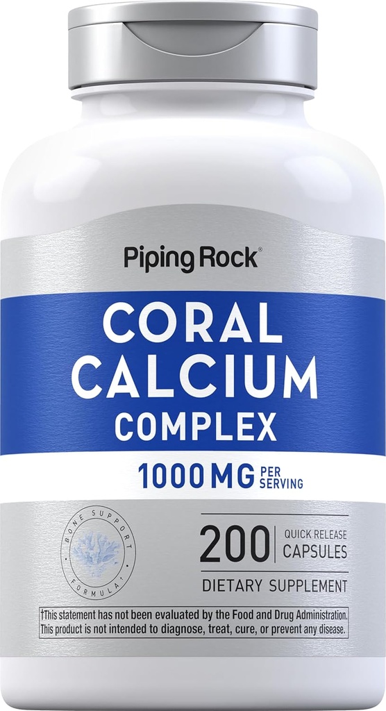 Piping Rock Coral Calcium 1000 mg | 200 Capsules | Bone Formula Complex with Vitamin D, C, and Magnesium | Non-GMO, Gluten Free Supplement