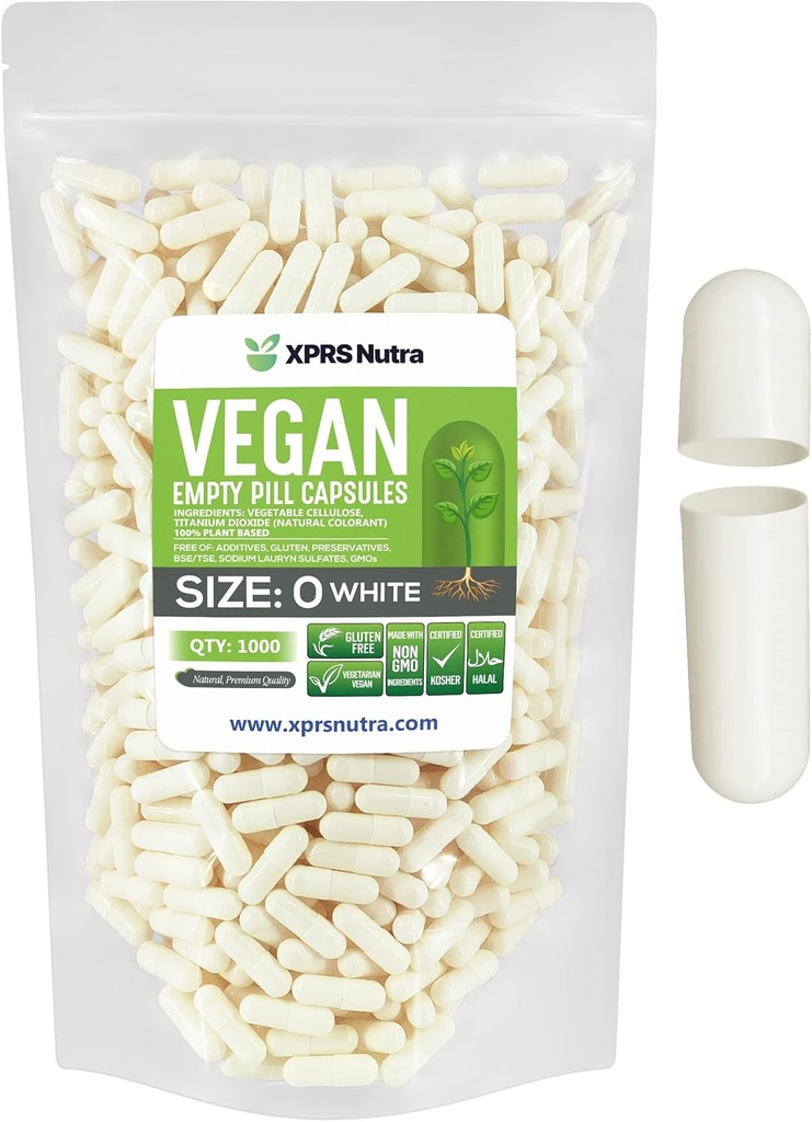 XPRS Nutra Størrelse 0 Tomme kapsler - 1000 Tomme Veganske kapsler - Vegetariske piller - DIY vegetabilsk Capsule Fyldning - Veggie Pill Caps til Do- It- Yourself Kosttilskud (hvid)