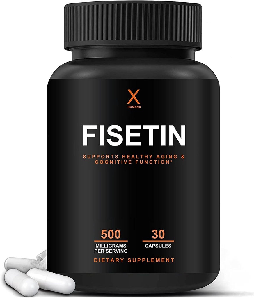 HUMANX Fisetin 500mg - 98% Pure Fisetin Supplement - Kraftfuld serveringsstørrelse (svarende til Apigenin, Luteolin, Quercetin) Senolytisk Activator - Natural Polypheonols - USA Made, Non- GMO Fisetin Capsules