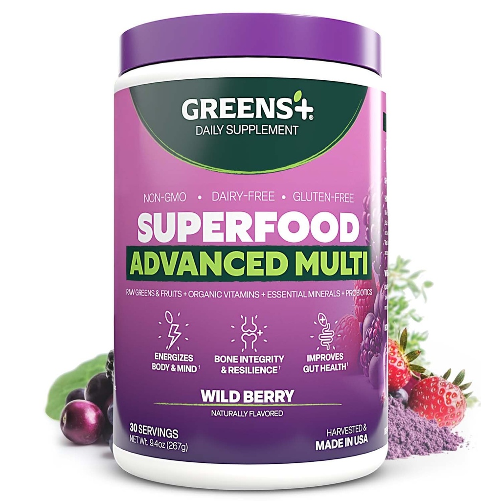 Grønne + Avanceret Multi Wild Berry Superfood Powder, Organic Blend, Vegan, Non- GMO, Soy- Free, Dairy- Free, Gluten- Free, Kosttilskud med vitaminer og mineraler, 9.4 oz