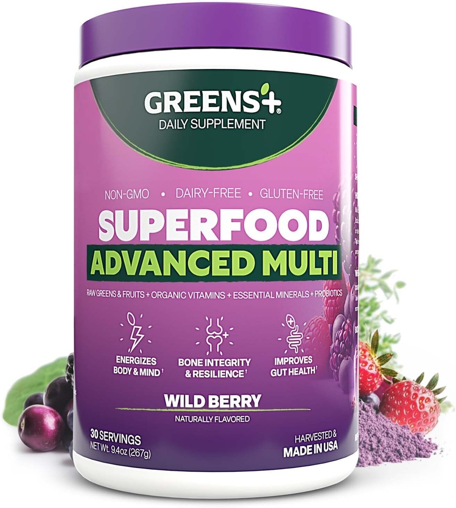 Grønne + Avanceret Multi Wild Berry Superfood Powder, Organic Blend, Vegan, Non- GMO, Soy- Free, Dairy- Free, Gluten- Free, Kosttilskud med vitaminer og mineraler, 9.4 oz