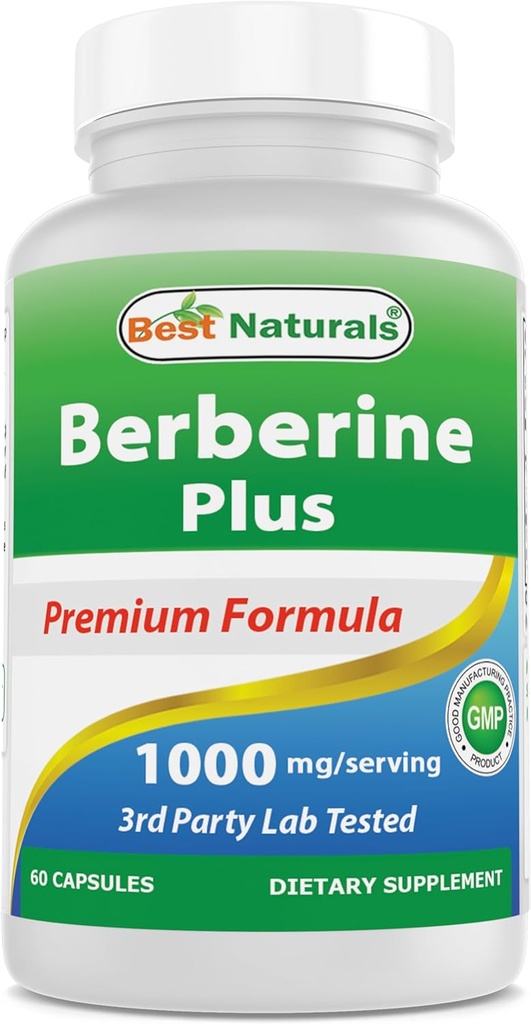 Bedste Naturals Berberine Plus 1000mg per servering, (non- GMO) 60 kapsler - Indeholder Berberine HCL 1000mg, C-vitamin 120mg & Zink Gluconat 30 mg