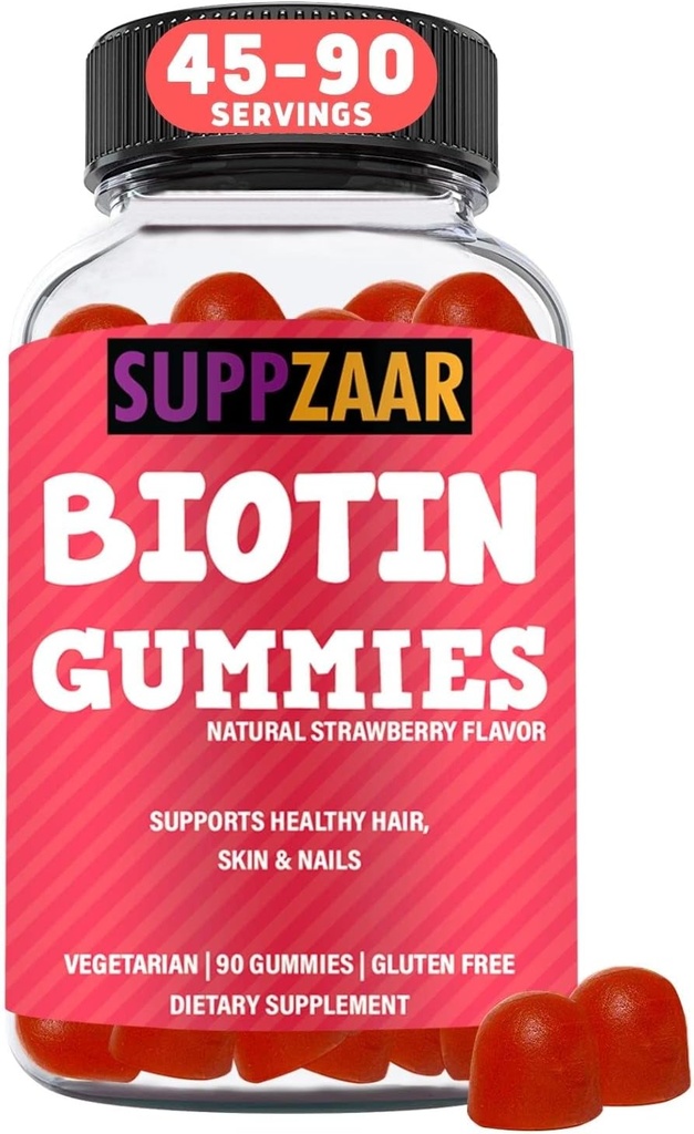 Vegan Biotin Gummies - Vitamins for Hair Growth for Women & Men - Hair Skin and Nails Vitamins - Strawberry Flavor Gummy Vitamins - Non-GMO, Gelatin & Gluten-Free, 90 Gummies - SUPPZAAR