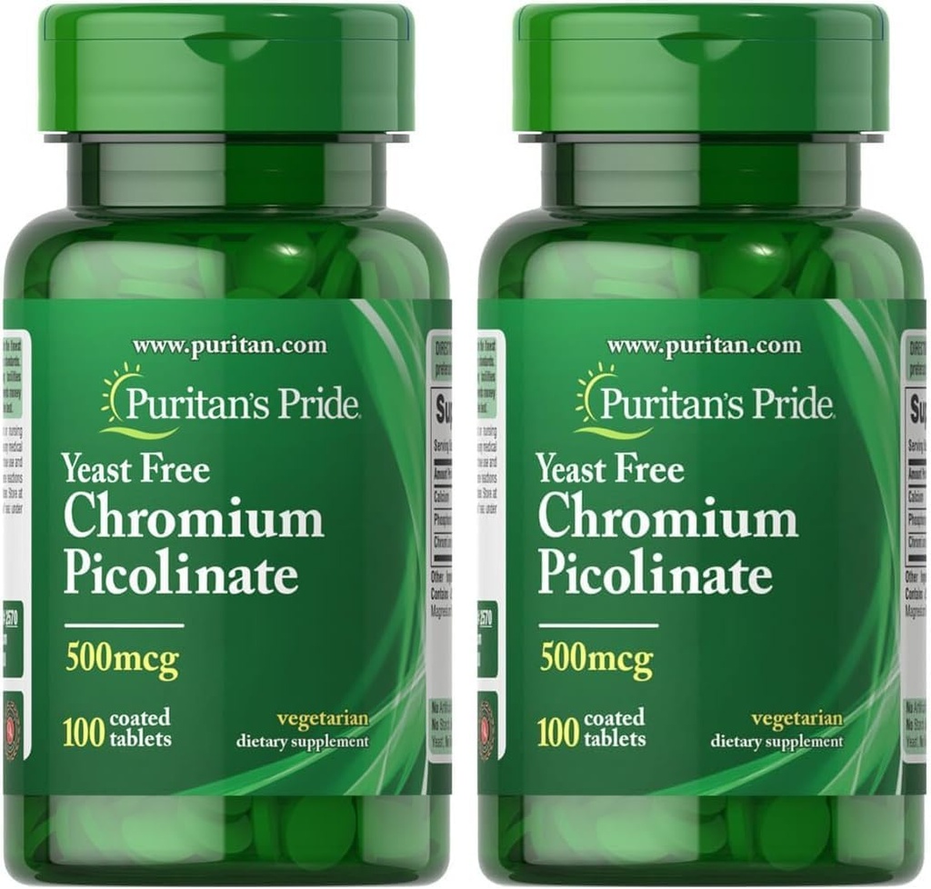 Puritans Pride Chrom Picolinate 500 Mcg Gær Free, 100 Greve (pakke med 2)