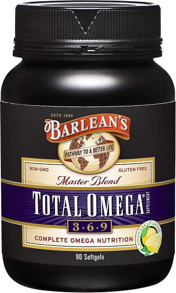 Barlean 's Total Omega 3 6 9 Softgels, Blended Fish Oil Supplement med Borage og Flaxseed Oil, 1.000 mg Omegas ALA, EPA, DHA og GLA for fælles support kosttilskud og hjerte sundhed, 90 Greve