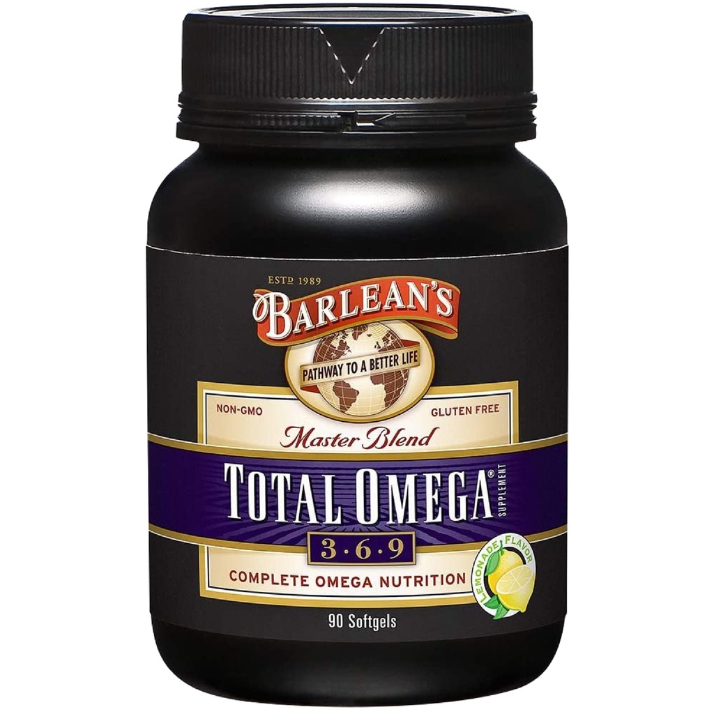 Barlean 's Total Omega 3 6 9 Softgels, Blended Fish Oil Supplement med Borage og Flaxseed Oil, 1.000 mg Omegas ALA, EPA, DHA og GLA for fælles support kosttilskud og hjerte sundhed, 90 Greve