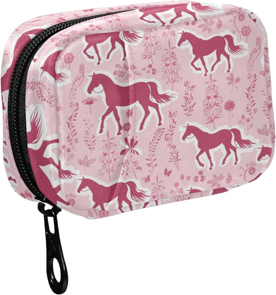 Fustylead Pink Horse Silhouette and Botanical Decor Elements Pill Organizer for Purse, Weekly Portable Pill Box with Zipper to Storage Vitamins Fish Oils Medications Supplements