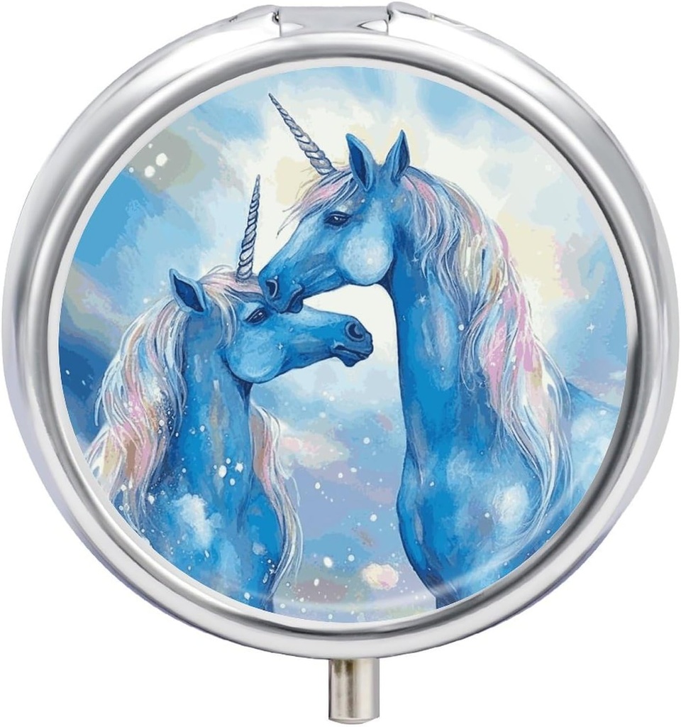 Round Pill Case 3 Segment Blue Horse Love Pill Box Mini Medicine Pill Organizer Portable rejse Pillbox til Pocket Purse Metal Pill Container til Vitamin Fish Oil Kosttilskud