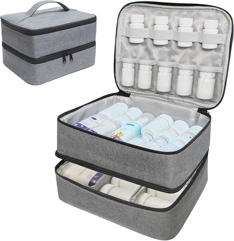 Rejse Medicin Organizer og opbevaring taske - Dobbelt Layer Pill Flaske Organizer taske til akut medicin, kosttilskud eller medicinske Kits, lynlås Lockable Tom Medicine Bag til hjemmet (Grey, M)