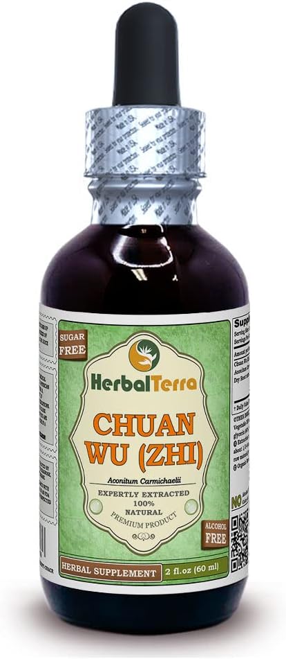 Chuan Wu (Zhi) (Aconitum carmichaelii) Glycerit, Tørret tilberedt rod Alkohol- fri væske ekstrakt (Brand name: HerbalTerra, Stolt Made in USA) 2 fl.oz (60 ml)