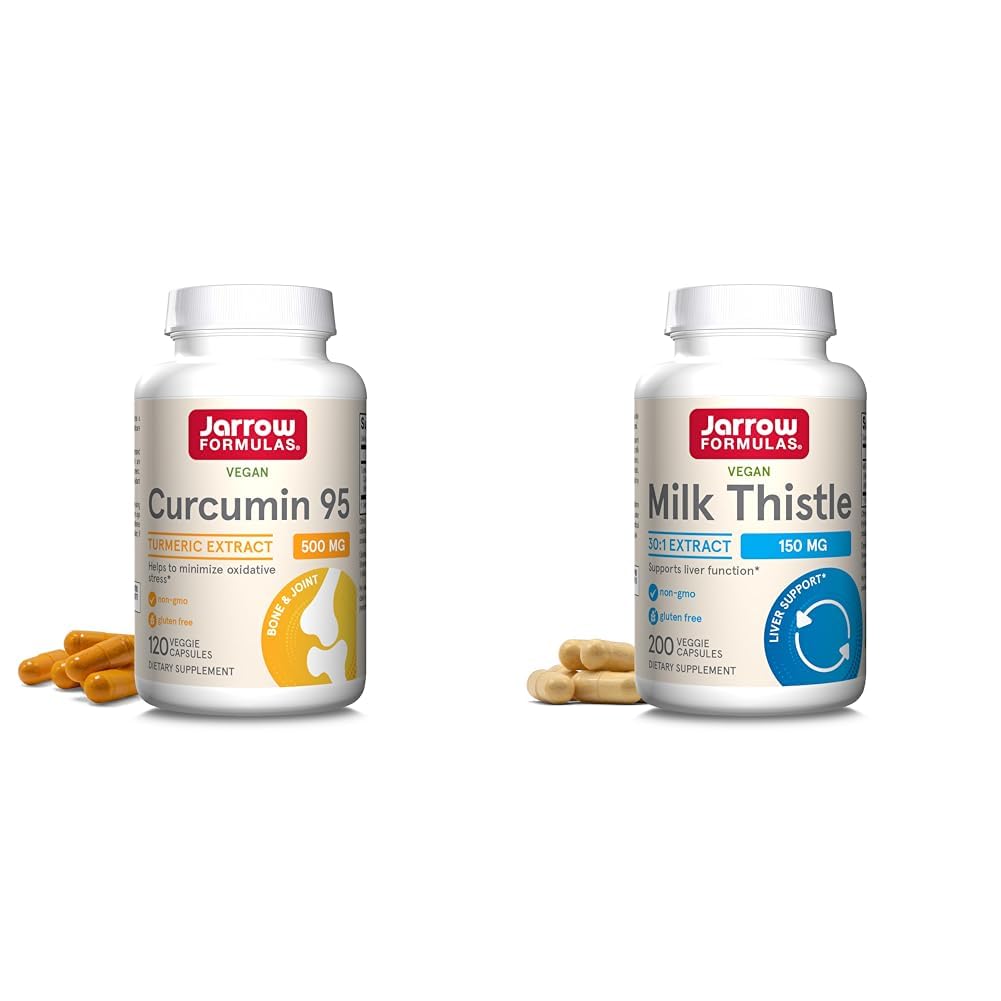 Jarrow Formulas Curcumin 95 500mg - Op til 120 Servere (Veggie Caps) & Milk Thistle 150 mg med 30: 1 Standardiseret Silymarin Extract