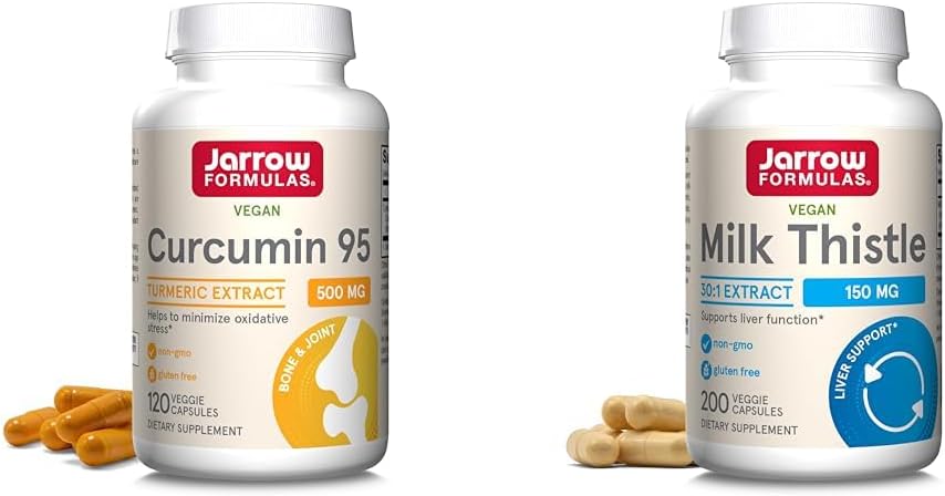 Jarrow Formulas Curcumin 95 500mg - Op til 120 Servere (Veggie Caps) & Milk Thistle 150 mg med 30: 1 Standardiseret Silymarin Extract