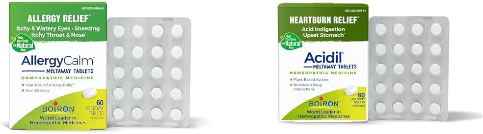 Boiron Allergi og syre Reflux Relief Bundle med AllergyCalm tabletter (60 Tæl) og Acidil til syre Reflux og fordøjelsesbesvær (60 Tæl)