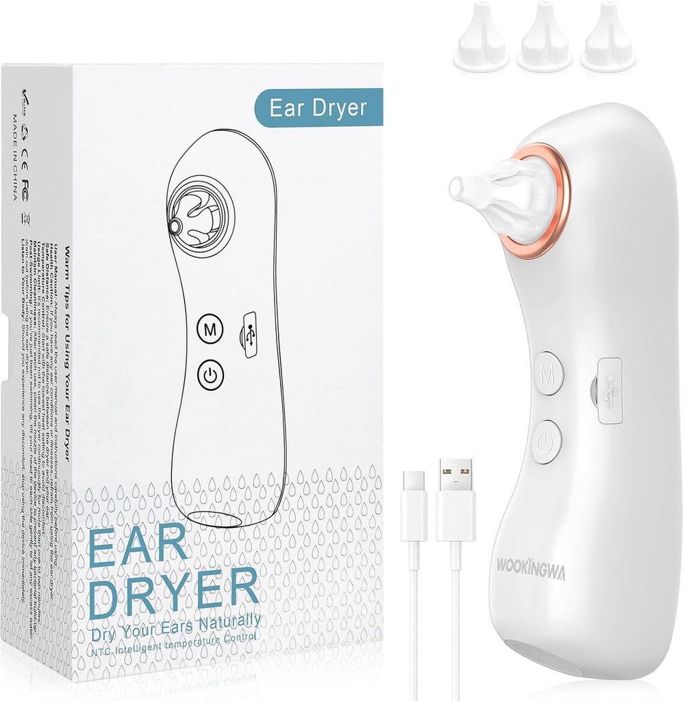 Ear Drier, Genopladelig Ear Water Remover med Light, Elektronisk Varm Air Ear Tørring enhed til svømning, brusebad, Surfing, Dykning, Brug af hørelse (Ear Drier med 3 tips)