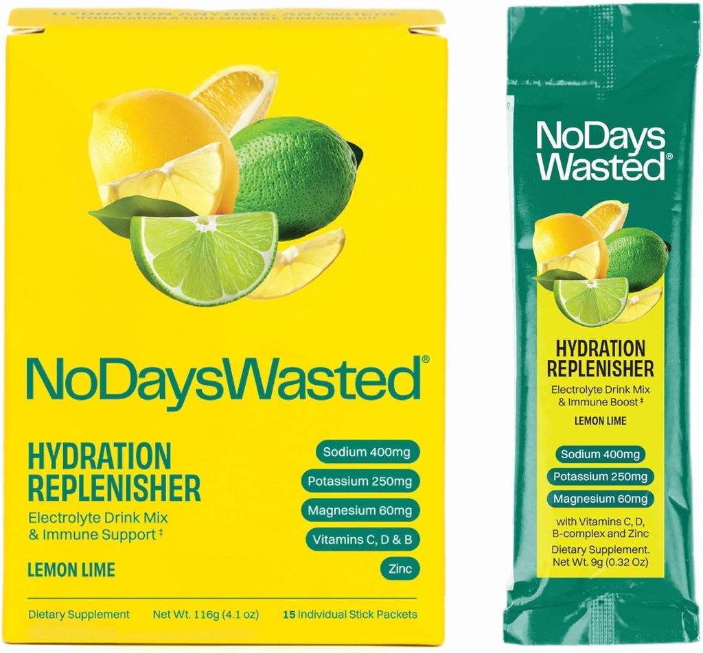 Ingen dage spildt hydrering Replenisher 15 Greve - Electrolyte Powder Drink Mix - Lemon Lime - natrium og kalium til rehydrering Plus vitaminer til støtte (15 Greve)