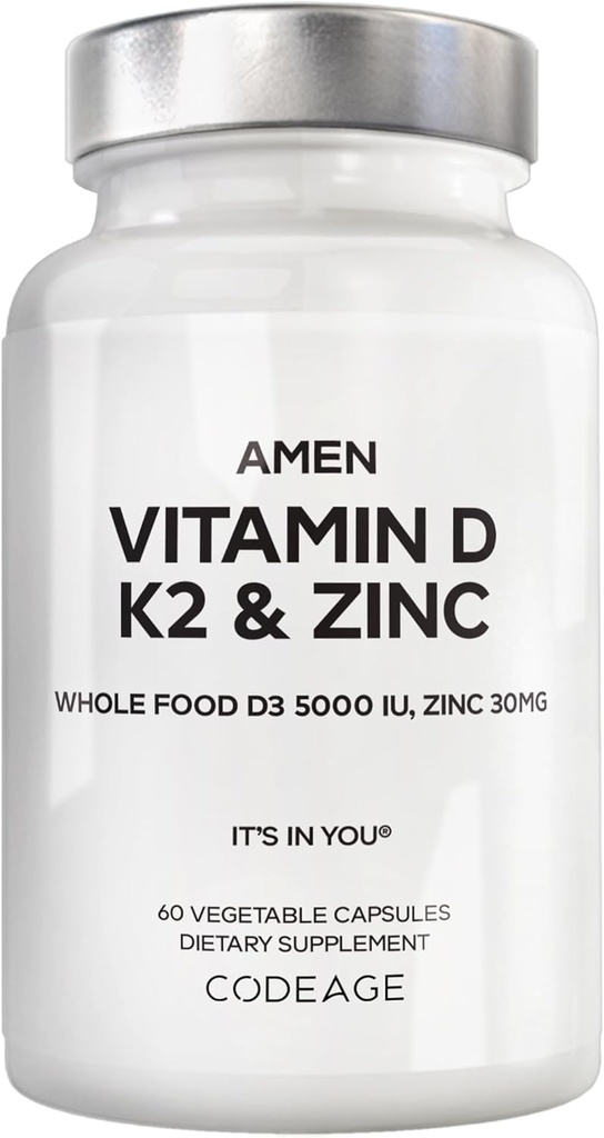 Amen D-vitamin, K2 & Zink, Cholecalciferol D3 5000 IE, Organic Whole Food Blend with Apple, Blåbær, Tranebær, Elderberry Powder Fruits, Vegan Supplement, D3 K2 Vitamin, Non- GMO - 60 Kapsler