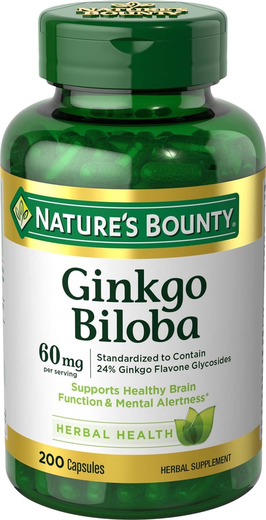Nature 's Bounty Ginkgo Biloba, understøtter sund hjernefunktion, urtetillæg, 60 Mg, 200 kapsler