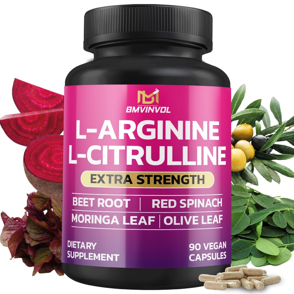 BMVINVOL L Arginin L Citrullin Supplement Plus Beet Root, Moringa, Olive, Red Spinach for Support Daily - 90 Kapsler