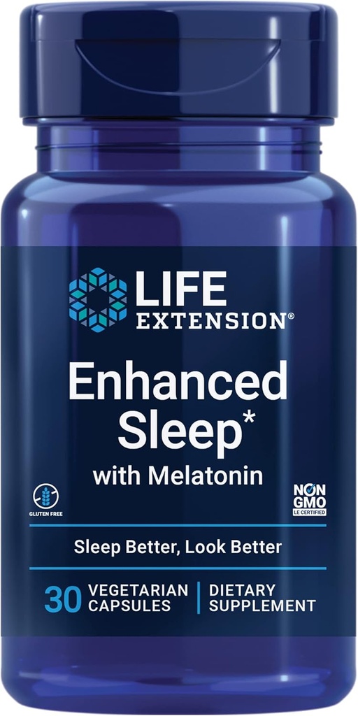 Life Extension Enhanced Sleep with Melatonin - Melatonin Sleep Supplement til rolig søvn og sund hud & mere - Glutenfri, ikke-GMO, vegetar - 30 kapsler