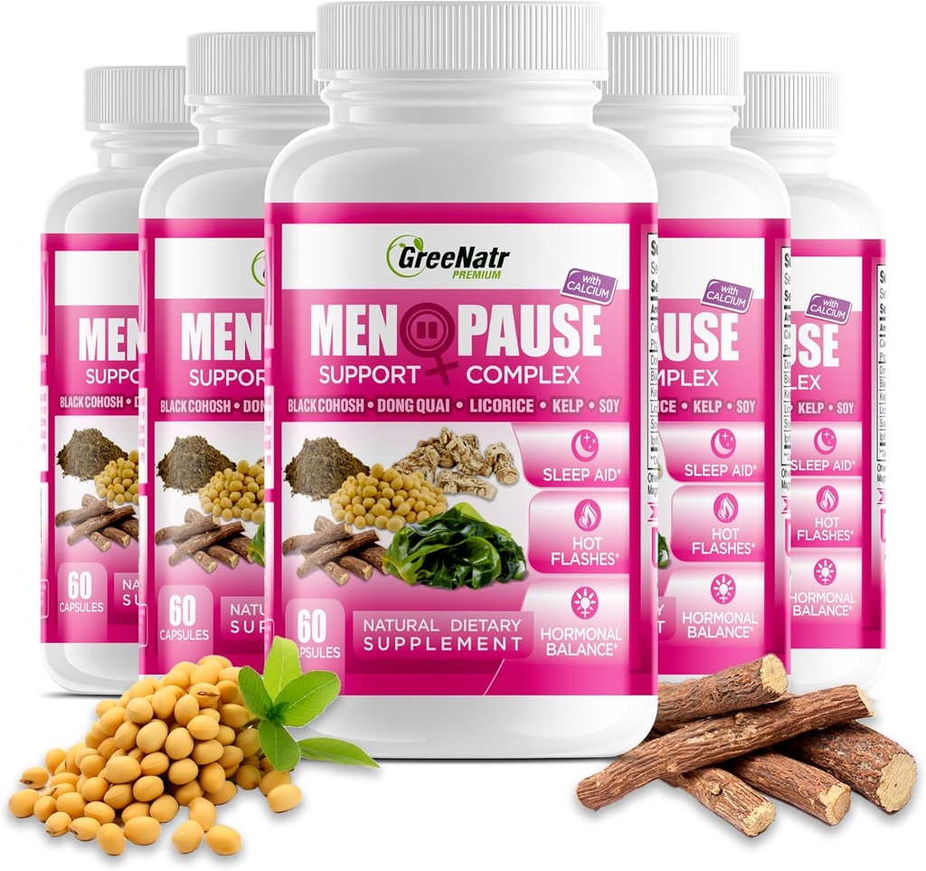 GreeNatr Herbal Menopause Support Complex for Hot Flashs, Night Sweats & Mood Swings Relief. Fremme Balancerede Hormonniveauer - Black Cohosh, Dong Quai, Licorice Root & Kelp blade (6 flasker)