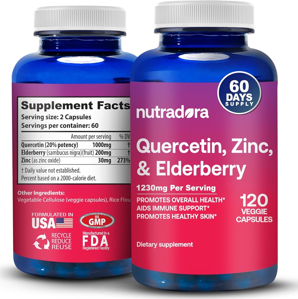 Quercetin 1000mg Veggie Capsules, Non- GMO, Elderberry Zink Quercetin Supplements Supportes Supportes Immuns, Cardiovaskulær & Respiratory Health, 120 Capsules (pakning med 1)