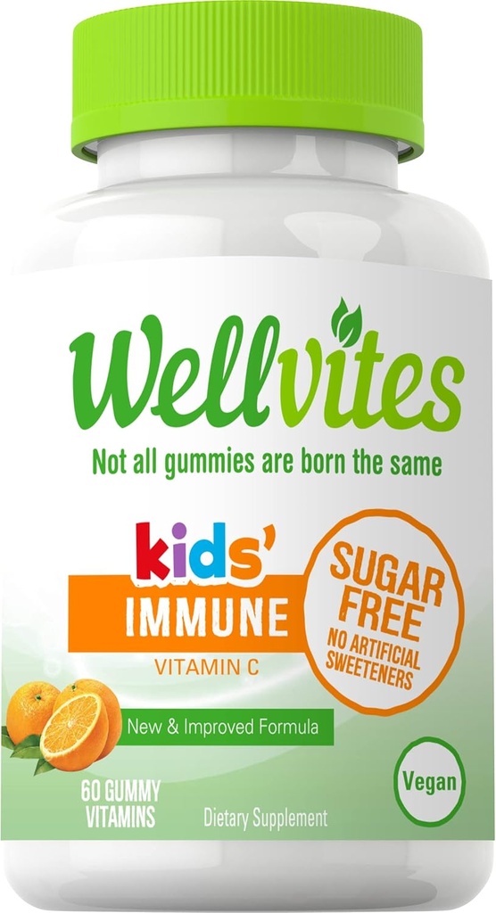 Wellvites Sugar Free Kids Immunity Daily Gummy Vitamin - Vegan, Non- GMO - Vitamin C Gummies for Kids Immunsupport, Ingen kunstige sødestoffer, Gluten- Free, Gelatin- Free, 60 Greve (30 Day Supply)