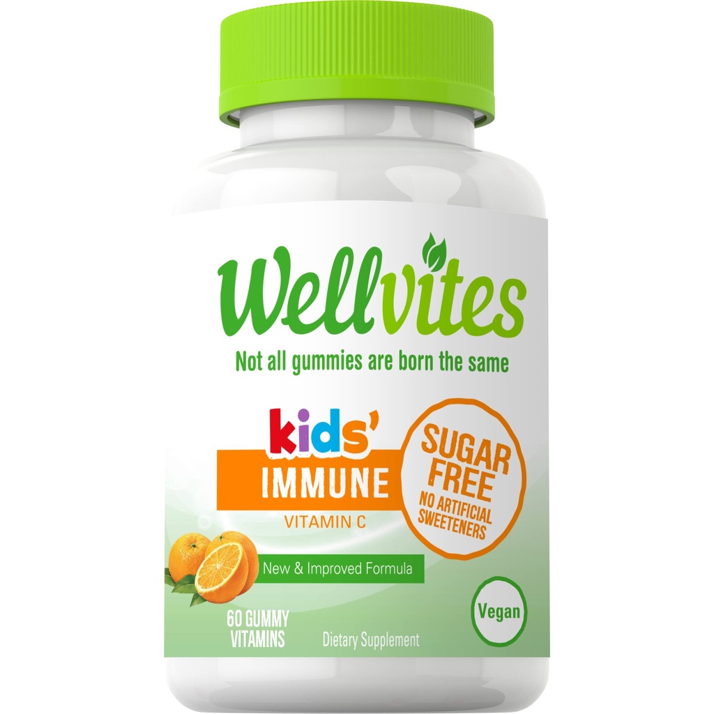 Wellvites Sugar Free Kids Immunity Daily Gummy Vitamin - Vegan, Non- GMO - Vitamin C Gummies for Kids Immunsupport, Ingen kunstige sødestoffer, Gluten- Free, Gelatin- Free, 60 Greve (30 Day Supply)
