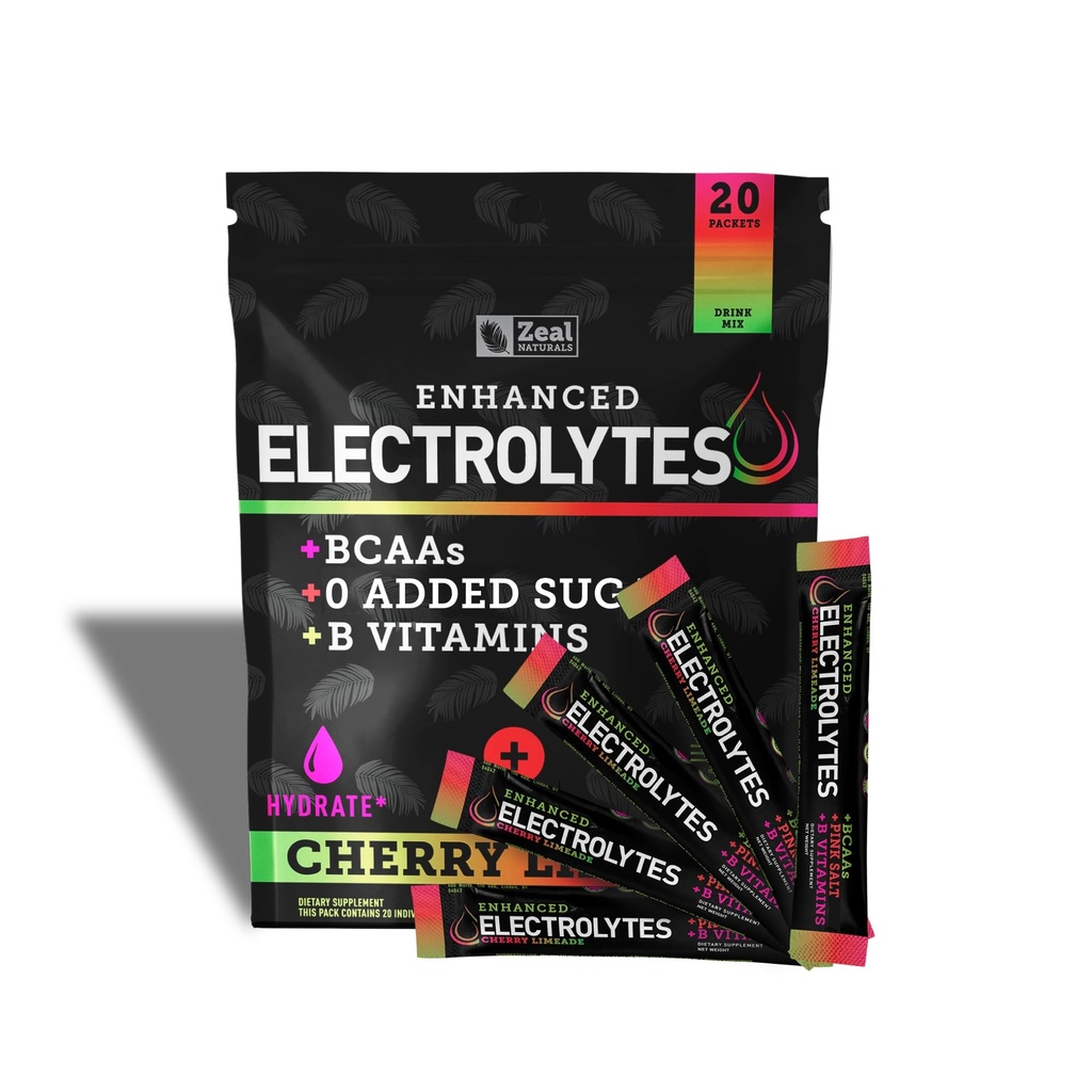 Forstærket electrolyte Powder Stick Packs (Cherry Limeade) w / 0 Sugar + BCAAs + B- Vitaminer Electrolyte Supplement w Kalium Zink & Magnesium til hydrering - Keto Electrolytes
